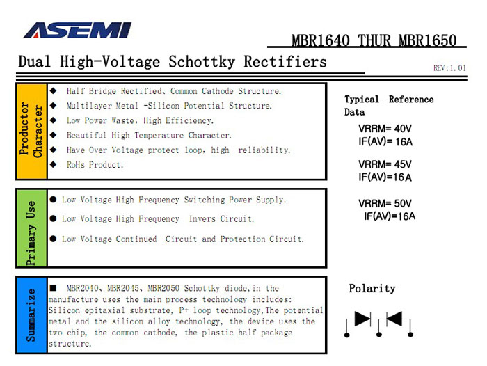 ASEMI品牌MBR1645CT參數(shù)