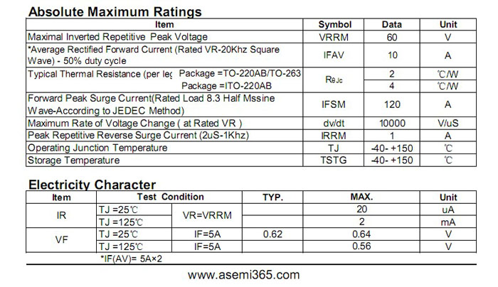 ASEMI肖特基二極管MBR1060FCT