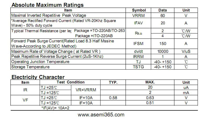 ASEMI肖特基二極管MBR2060FCT