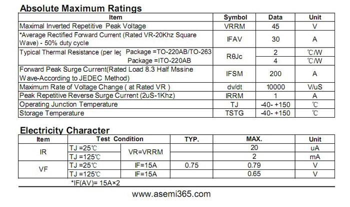 ASEMI肖特基二極管MBR3045FCT