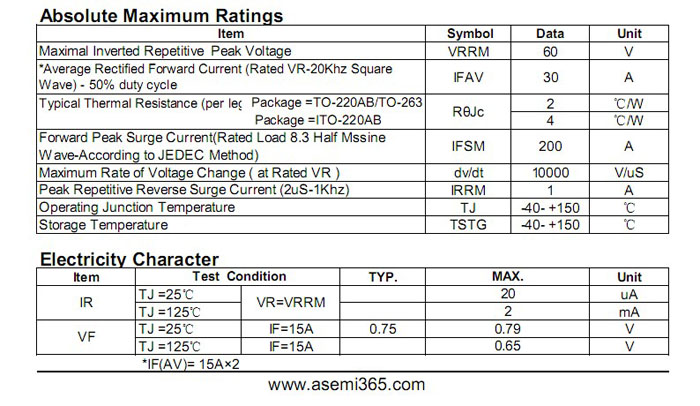 ASEMI肖特基二極管MBR3060FCT
