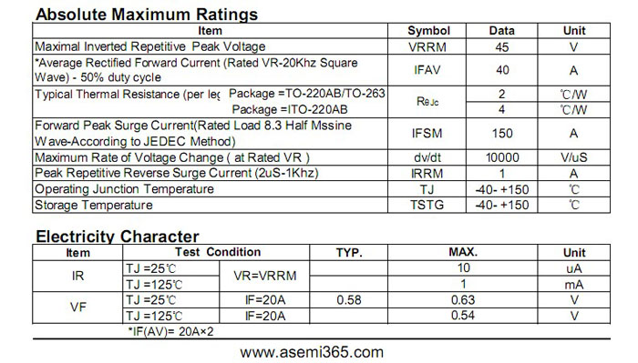 ASEMI肖特基二極管MBR4045FCT