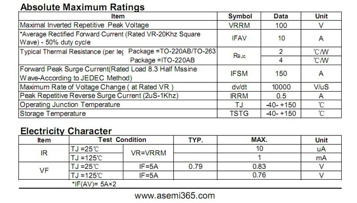 ASEMI肖特基二極管MBR10100FCT