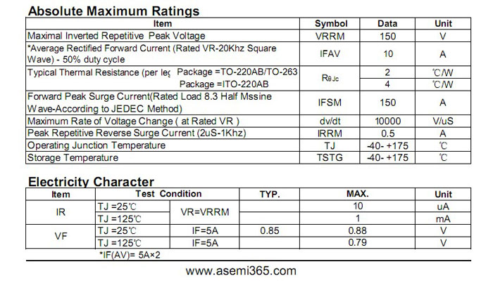 ASEMI肖特基二極管MBR10150FCT