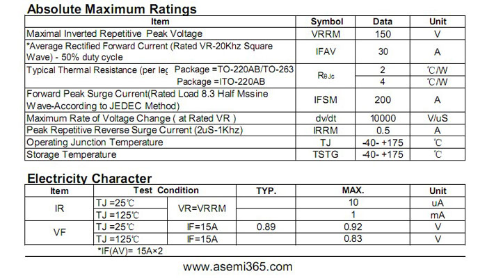 ASEMI肖特基二極管MBR30150FCT