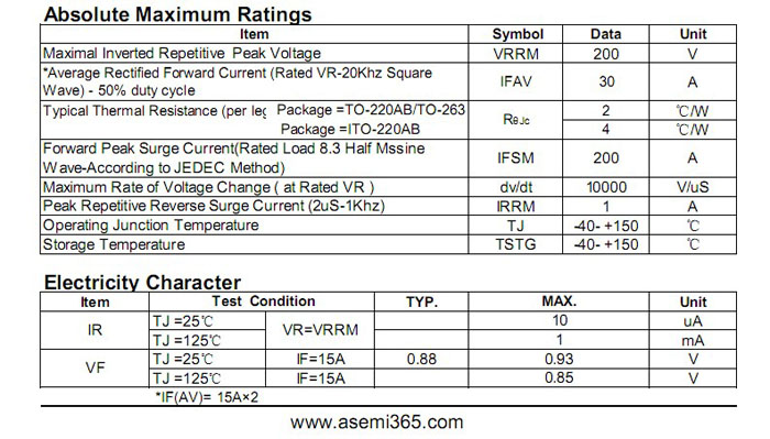 ASEMI肖特基二極管MBR30200FCT