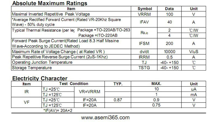 ASEMI肖特基二極管MBR40100FCT