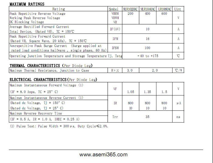 ASEMI超快恢復MUR1020AC