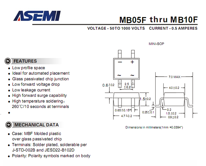ASEMI品牌MB6F參數規格書