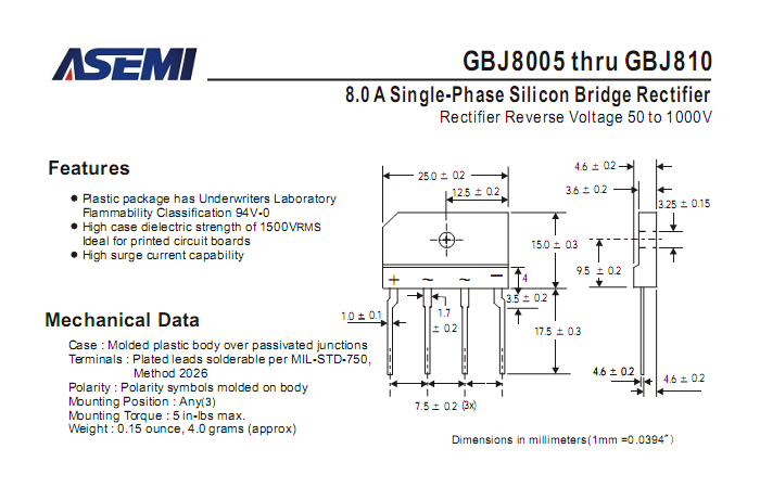 ASEMI整流橋GBJ810中文資料