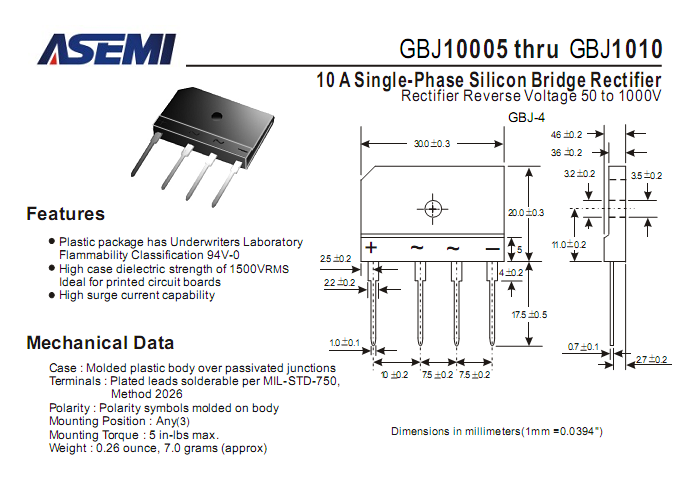 ASEMI整流橋GBJ1010中文資料