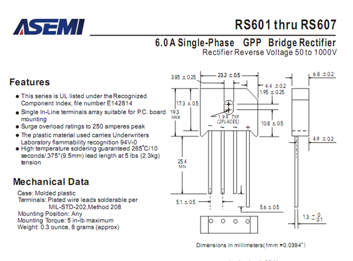 ASEMI品牌RS607參數規格書