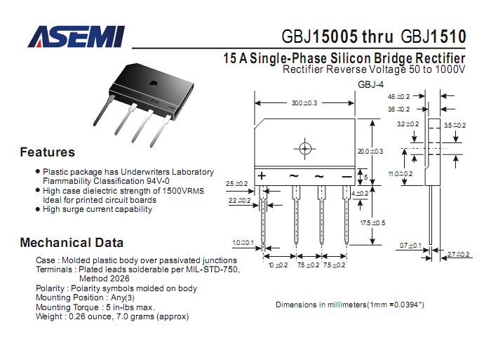 ASEMI整流橋GBJ1510中文資料