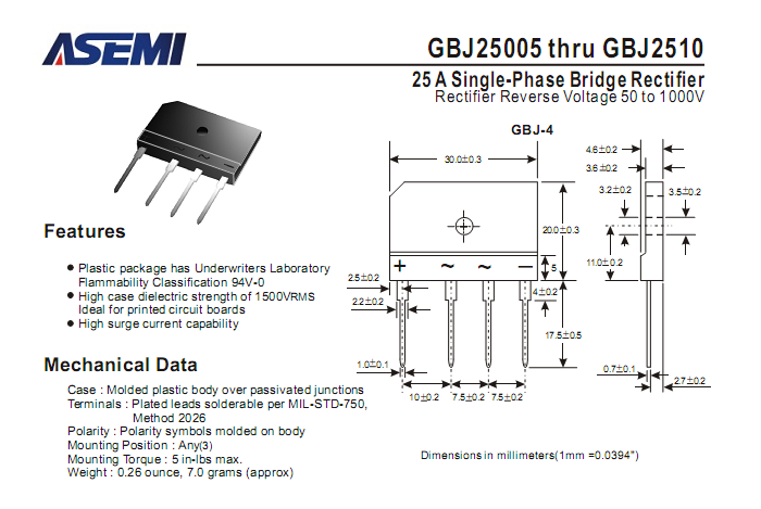 ASEMI整流橋GBJ2510中文資料