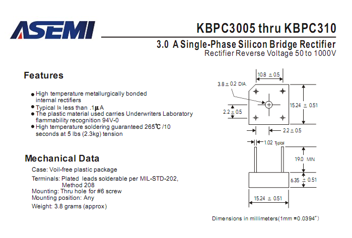 ASEMI品牌KBPC310中文資料