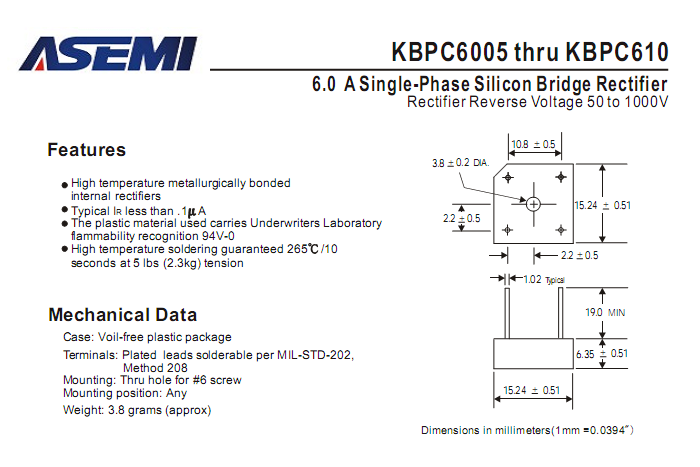 ASEMI品牌KBPC610中文資料