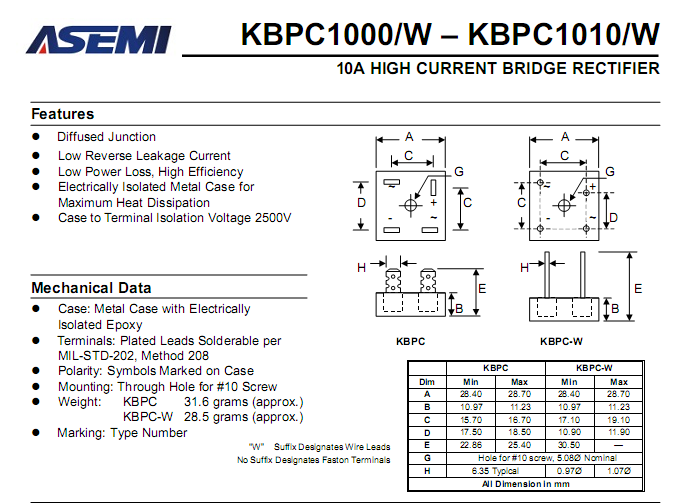 ASEMI品牌KBPC1010中文資料