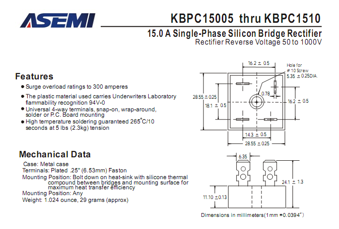 ASEMI品牌KBPC1510中文資料