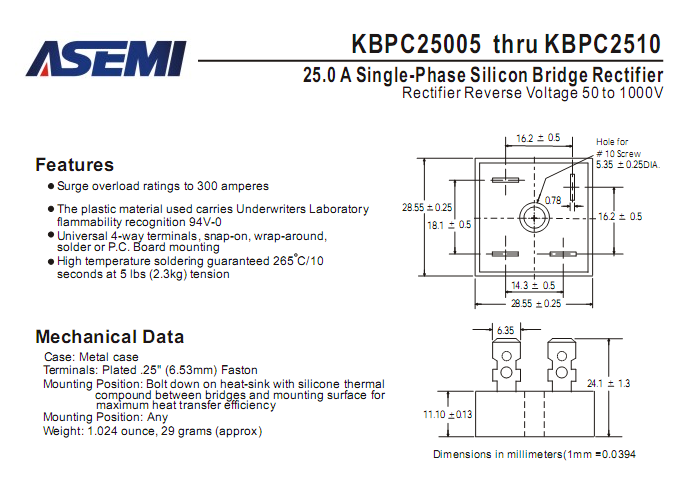 ASEMI品牌KBPC2510中文資料
