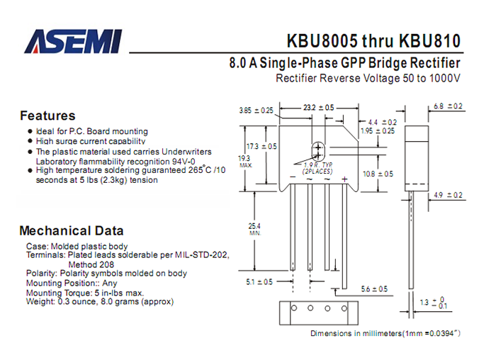 ASEMI品牌KBU808參數規格書