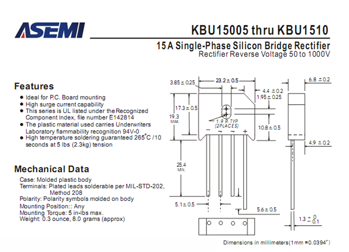 ASEMI品牌KBU1508參數規格書