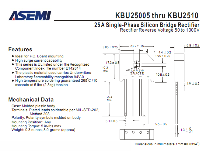 ASEMI品牌KBU2506參數規格書