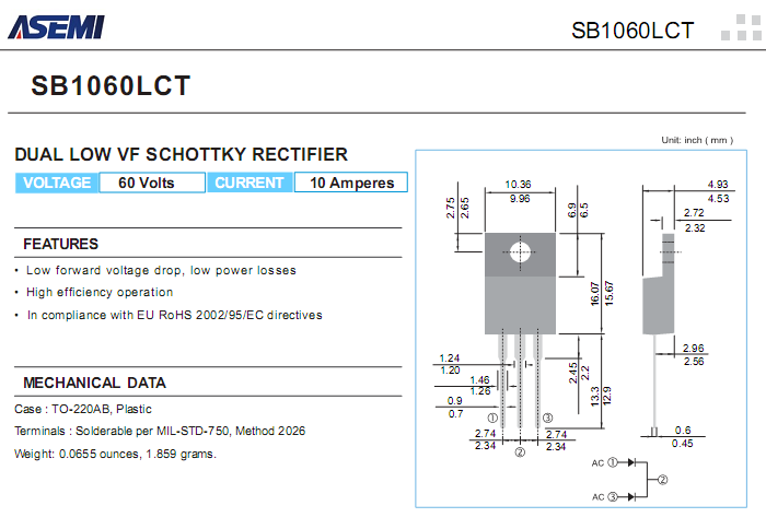 SB1060LCT 低壓降肖特基參數書