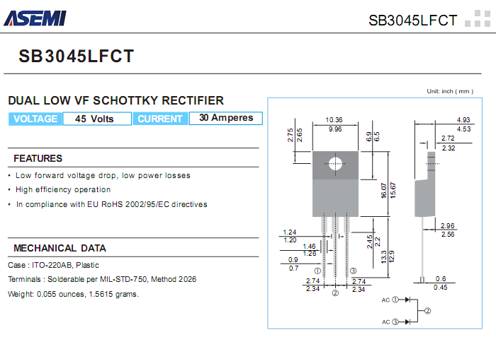 SB3045LFCT 低壓降肖特基參數書