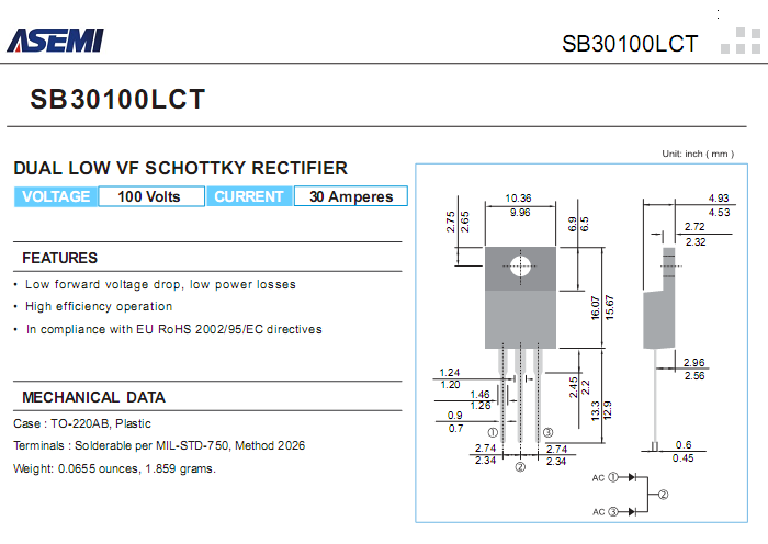 SB30100LCT 低壓降肖特基參數(shù)書