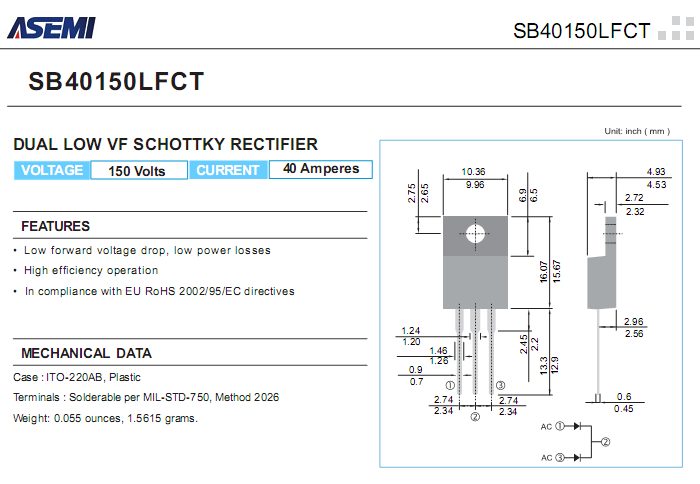 SB40150LFCT 低壓降肖特基參數書