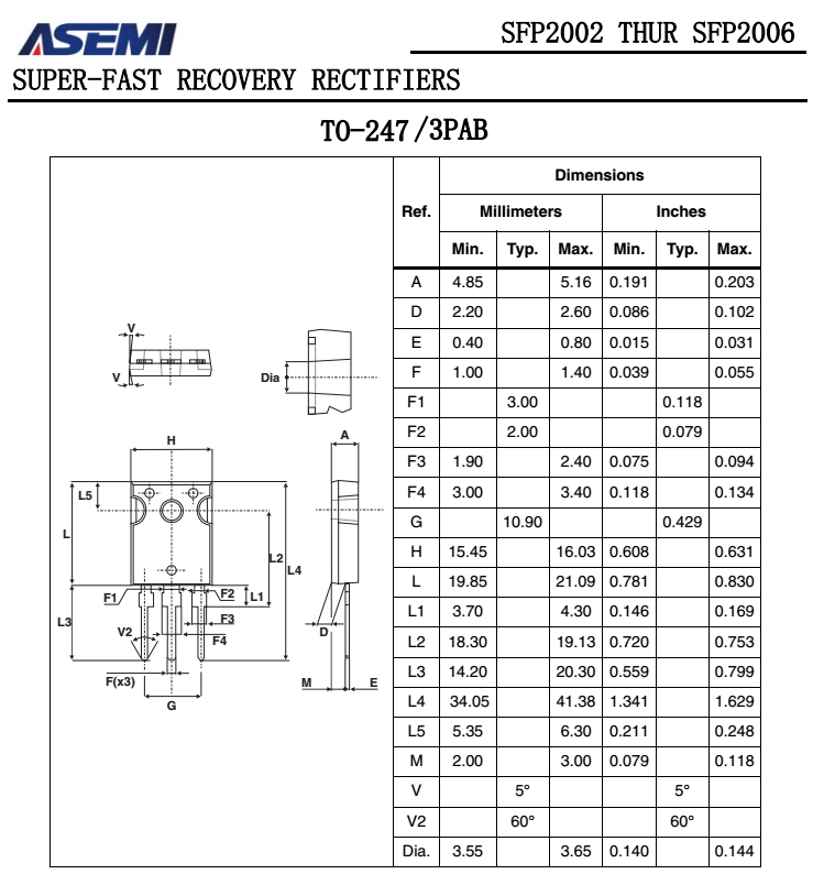 SFP2002/SFP2004/SFP2006  ASEMI超快恢復二極管PDF規格書