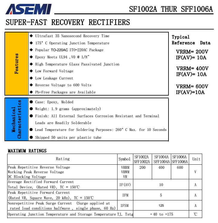 SF1002A/1004A/1006A,SFF1002A/1004A/1006A  ASEMI超快恢復二極管 PDF規格書