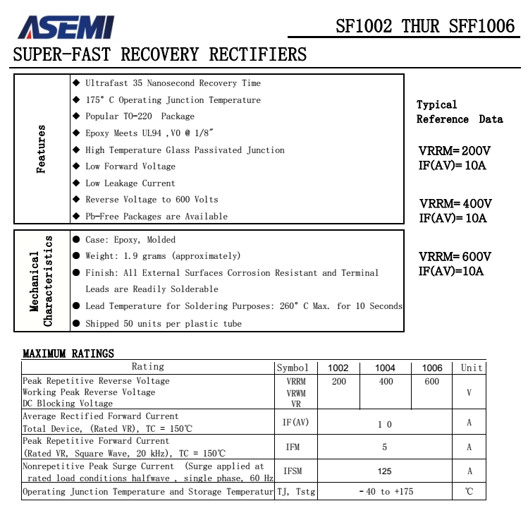 SF1002/1004/1006,SFF1002/1004/1006 ASEMI快恢復二極管規格書